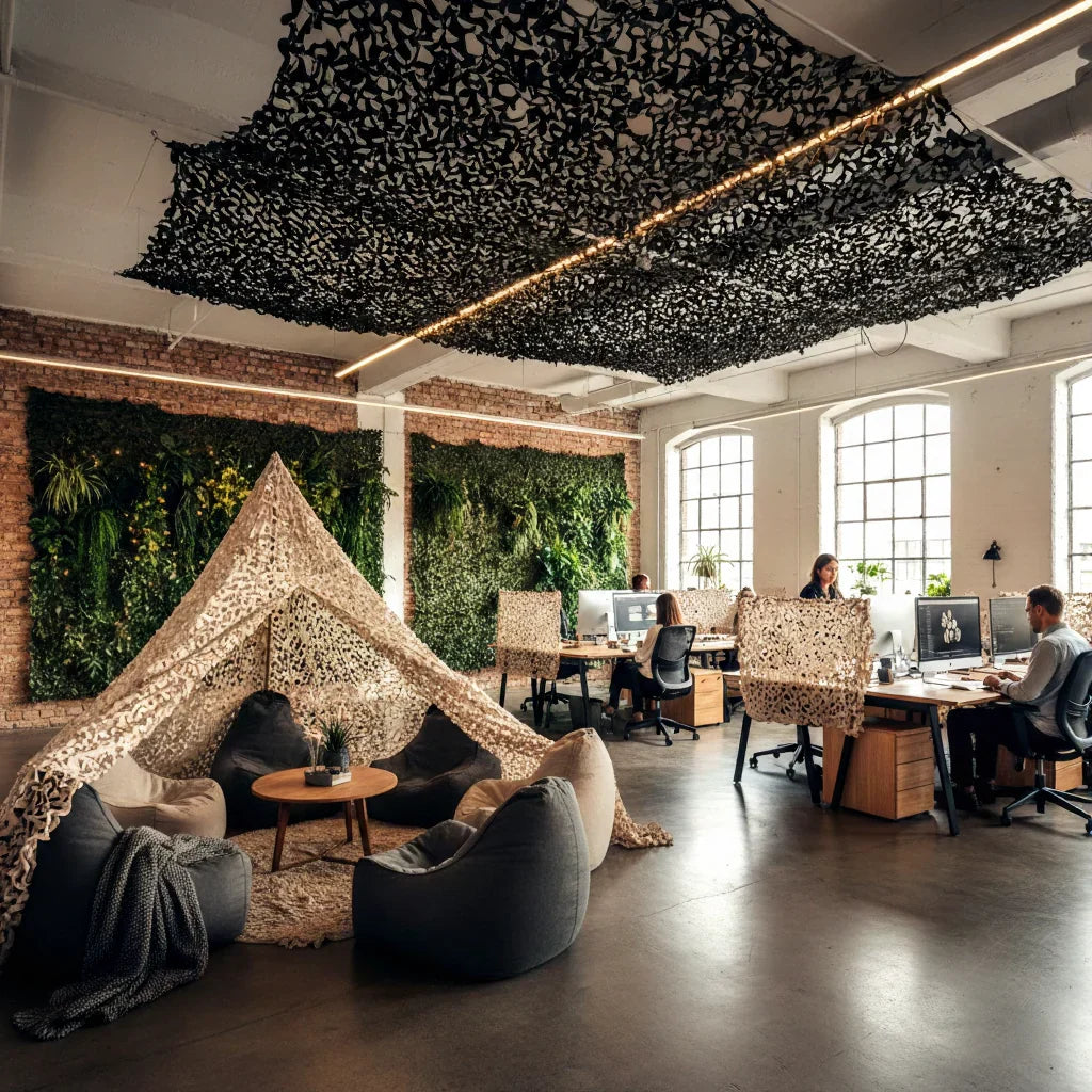 decoración de oficina con redes de coco