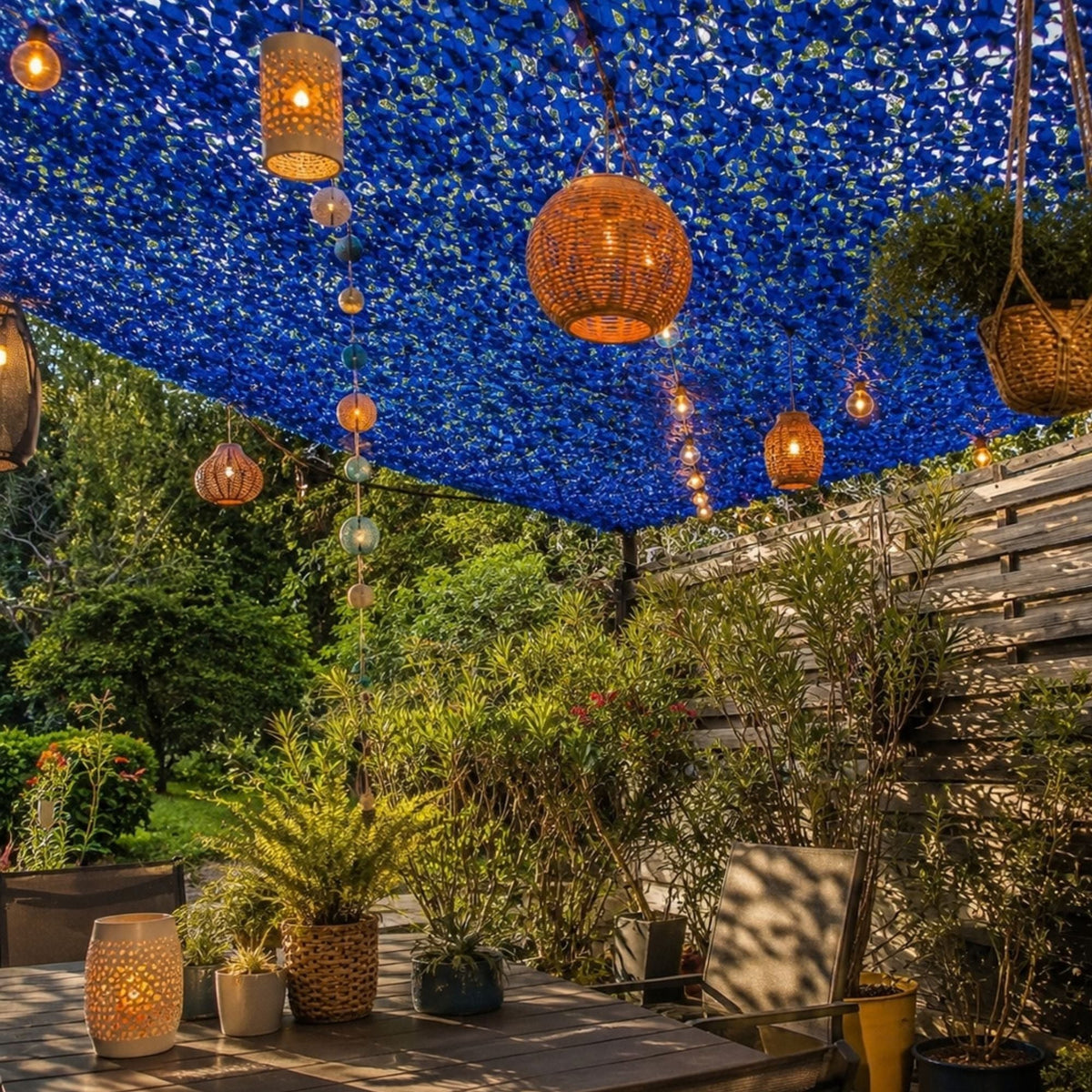 Red de camuflaje azul sobre una terraza decorada con farolillos